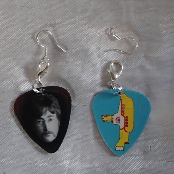 Beatles John Lennon Guitar Pick Zipper-Pull Handmade Earrings Yellow Submarine - Picture 4 of 9
